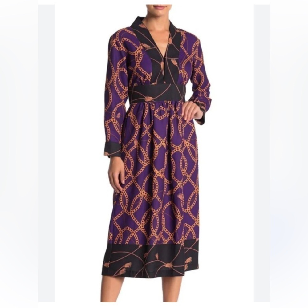 Neiman Marcus Vintage Dress Purple Chain Print V Neck Midi Dress / 2 - Picture 2 of 15